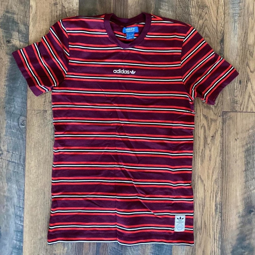 USED Adidas Striped T-Shirt Men’s Size SMALL Rib Collared Red White